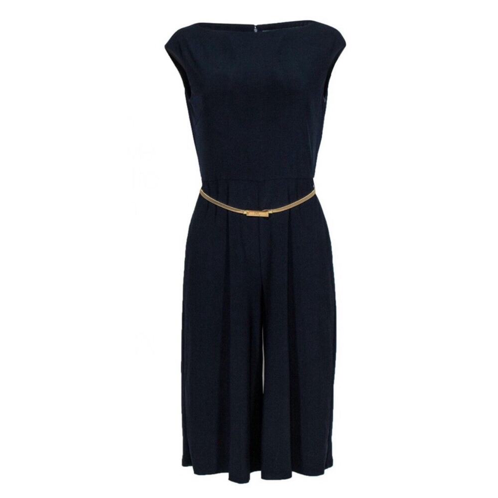 RALPH LAUREN BLUE CAP SLEEVE ONE PIECE‎ PANT JUMPSUIT CULOTTE CROP SZ 2